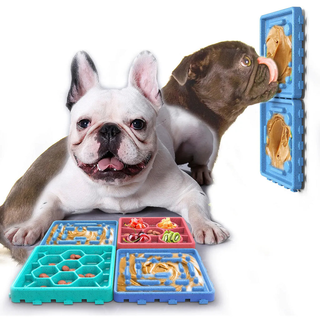 Anti-choking slow food bowl for dogs made from TPR, shown in Blue, Coffee, and Green colour options.