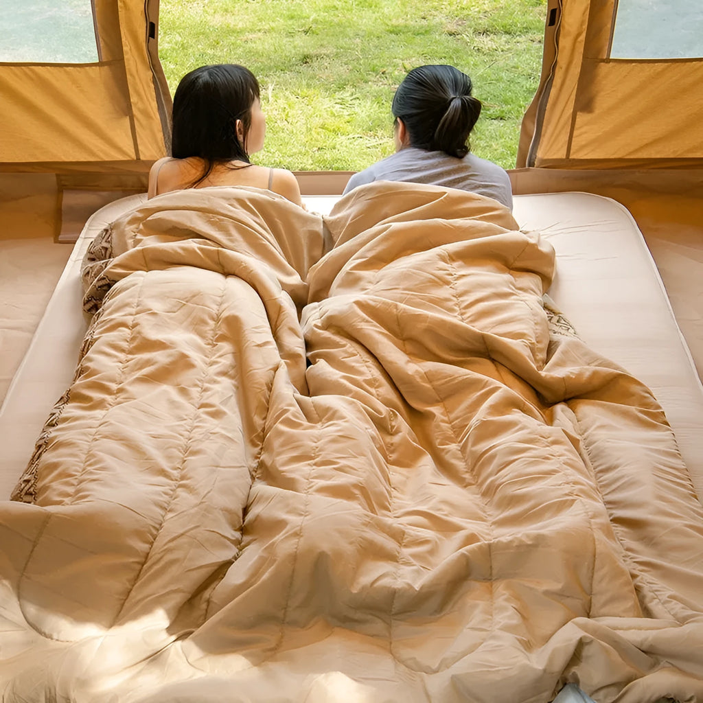 Portable adult camping sleeping bag in colours Jiangnan Spring, crystalline glaze, and swamp with storage bag.