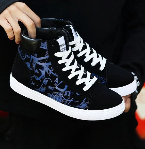 Korean edition men's high top shoes pig leather non-slip sole black blue red size 39-44