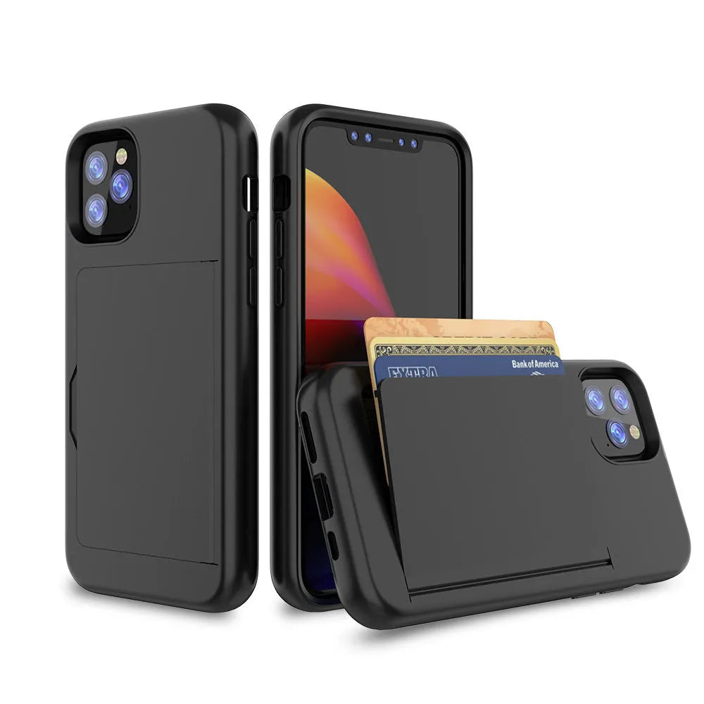 A solid colour mobile phone case for iPhone 11 series, shown in black, red, pink, blue, dark blue, and purple colour options.