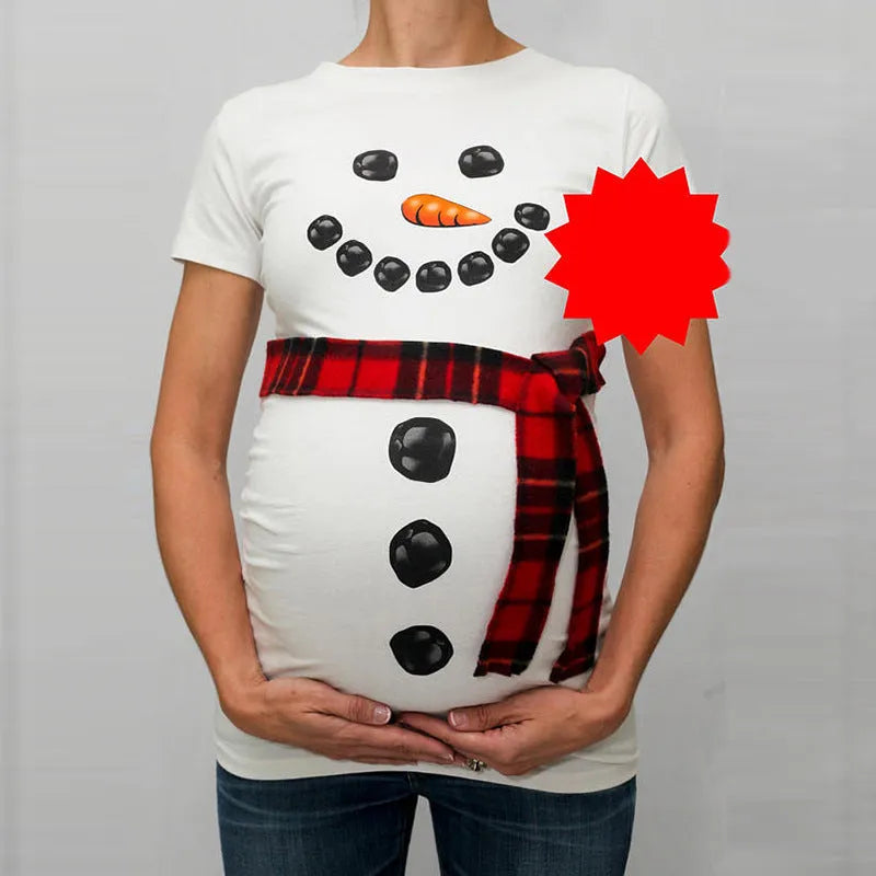 Red cartoon print maternity T-shirt with round collar and short sleeves on a woman