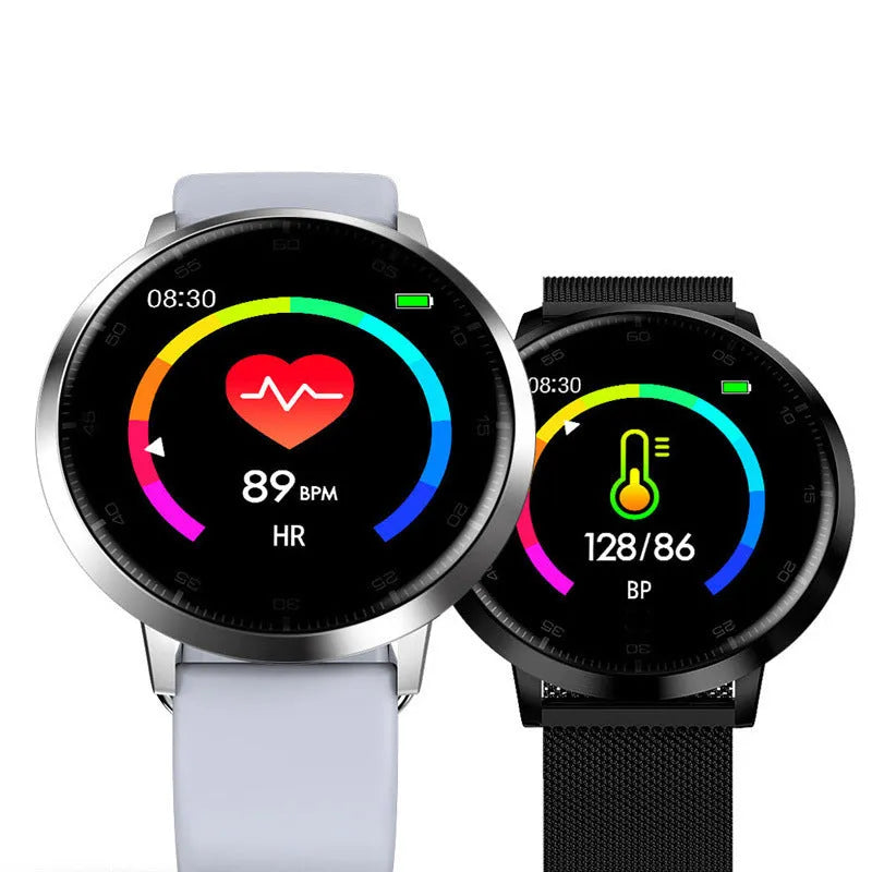 Ultra-thin smart health bracelet in black with a silicone strap and a 1.3-inch colour touchscreen.