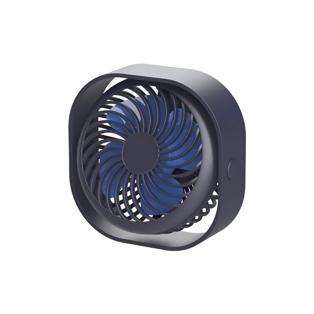USB desk fan with 360-degree rotation in alarm clock style on a desk