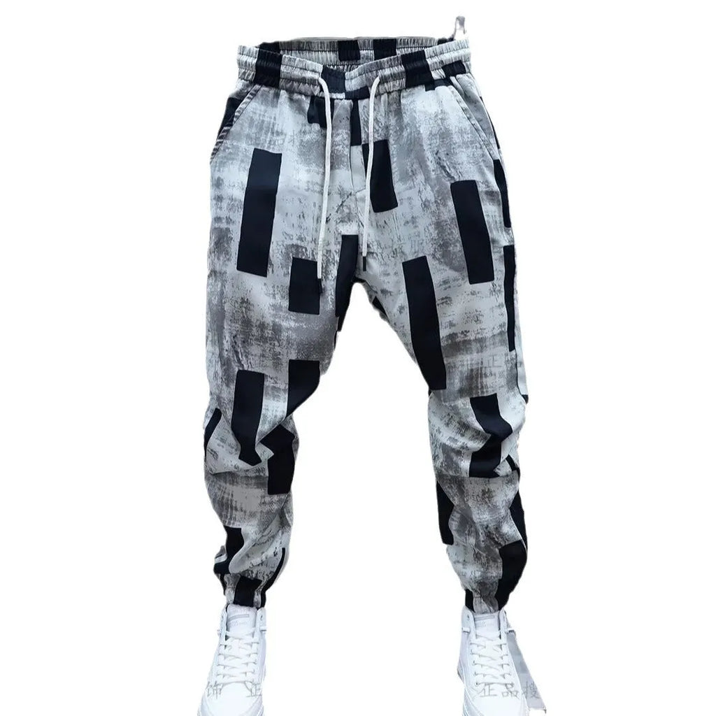Men's Ice Silk loose trousers in black with high waist drawstring and ankle strap straight leg for summer