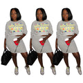 Women's gray letter print skirt suit with long sleeve zipper top and short skirt on mannequin