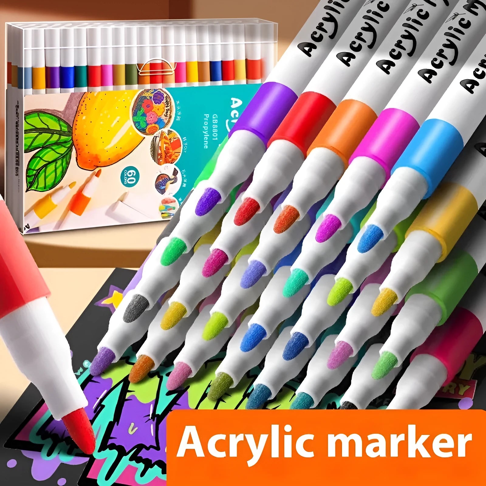Set of multicoloured acrylic marker pens in a box, suitable for student painting and drawing