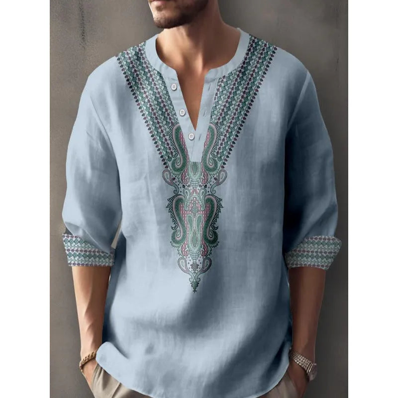 Men's 3D digital printing bamboo linen long sleeve pullover loose fit casual top spring autumn