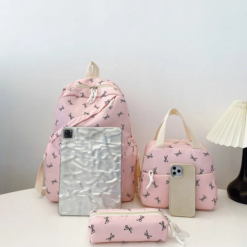 Cute girl campus backpack with flower pattern, airpillow straps, available in white, black, pink, blue