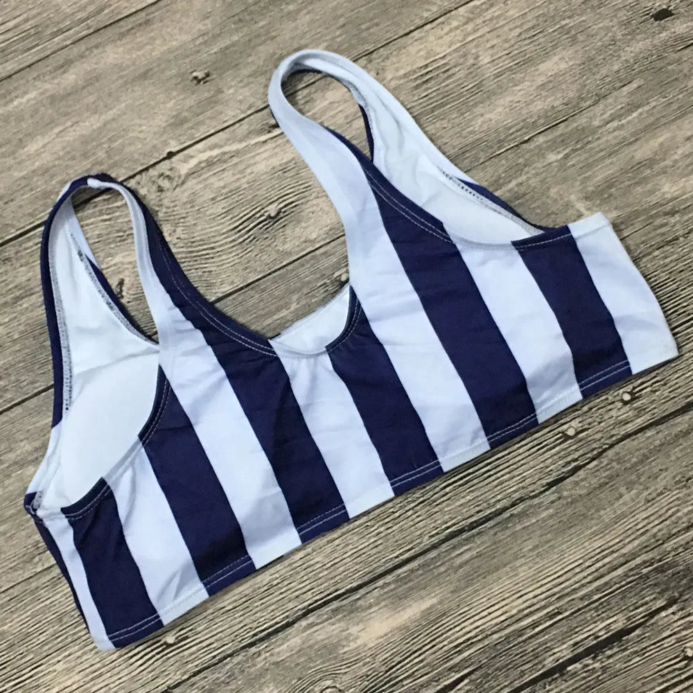 Striped open-back bikini set with removable chest pad and quick-drying polyester spandex fabric, sizes S-XL
