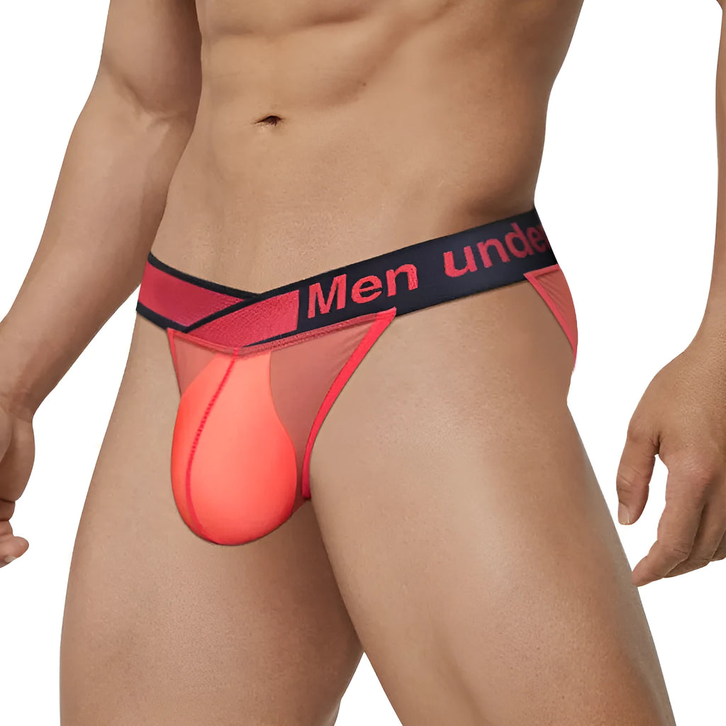 Men's black ice silk nylon underwear with a large V gradient high fork design on a white background