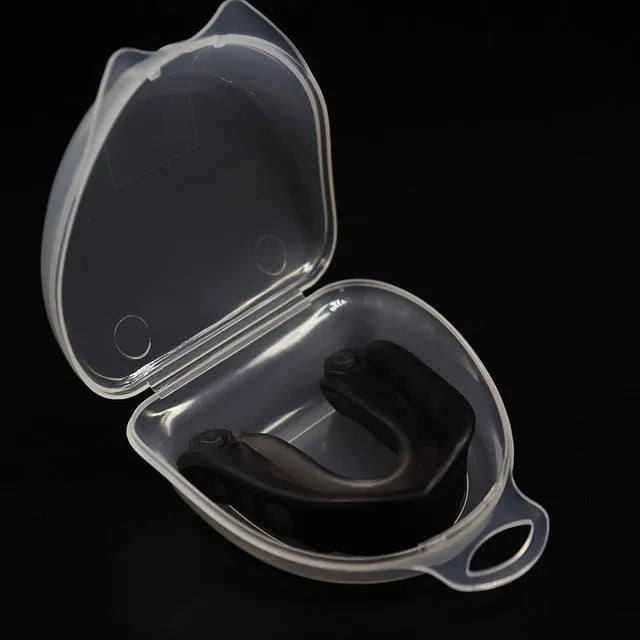 Boxing Sanda mouth guard with silicone double density, transparent lock box, and black colour option on white background