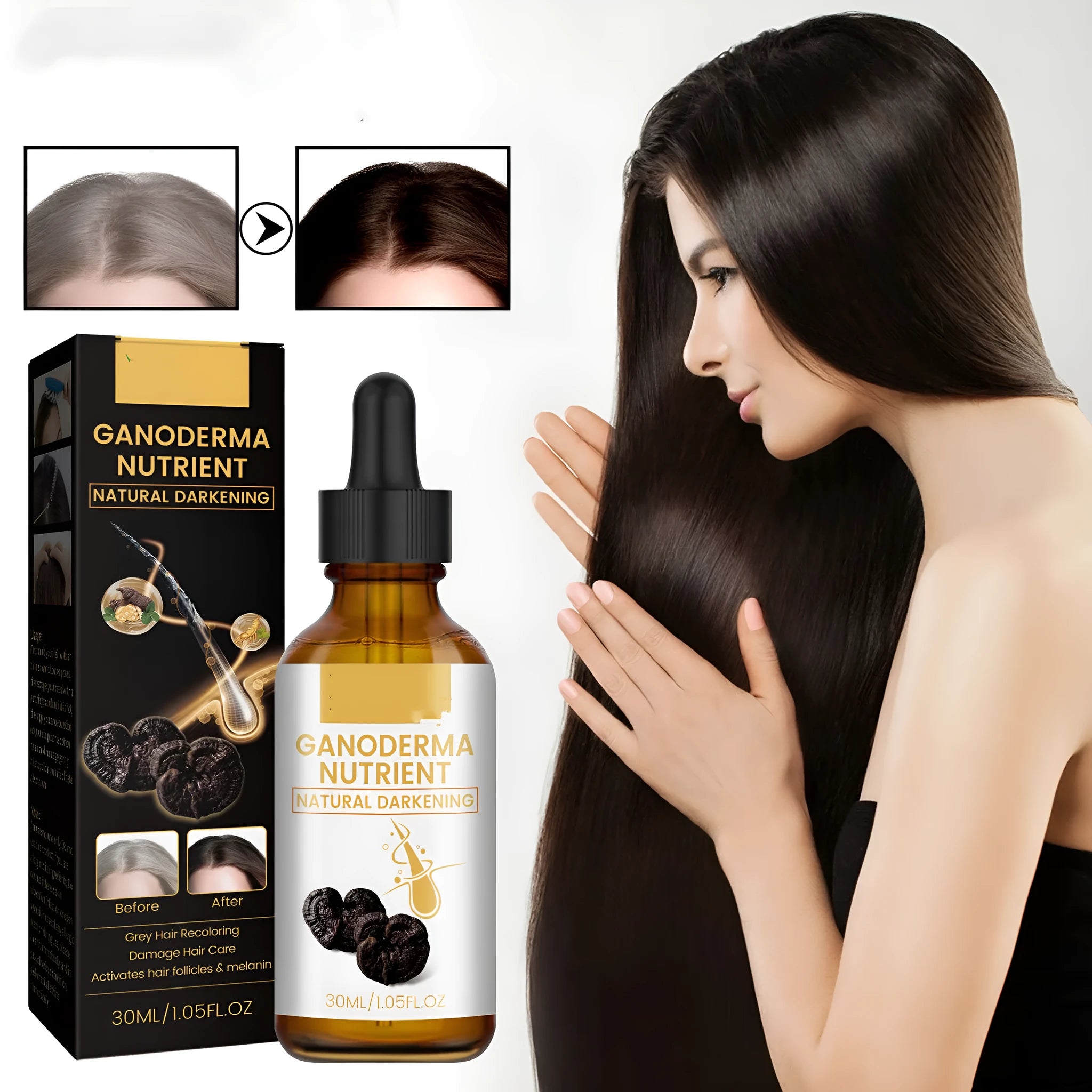 30ml Black Ganoderma hair lotion bottle for follicle activation and melanin support