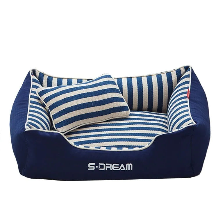 Navy stripes dog kennel mat with removable washable cover and blue mini pillow