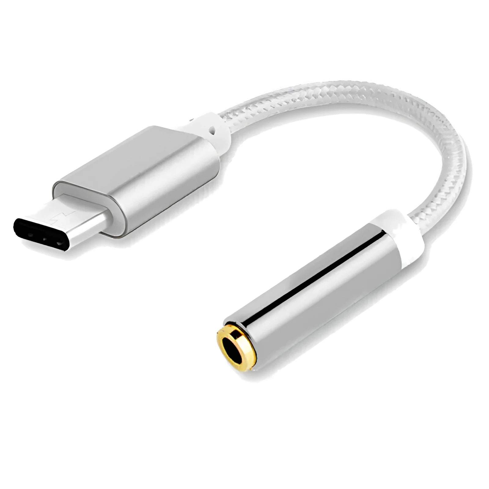 Close-up of a short black nylon Type-C to 3.5mm female audio adapter cable on a white background.
