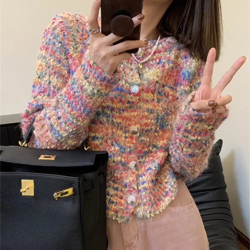 Retro rainbow pattern knitted cardigan sweater in pink or green, slim fit free size.