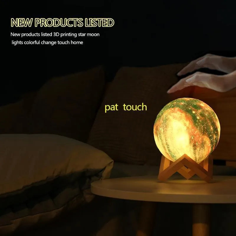 3D printed spherical lunar night light on a table, demonstrating remote control and colour-changing LED effects.
