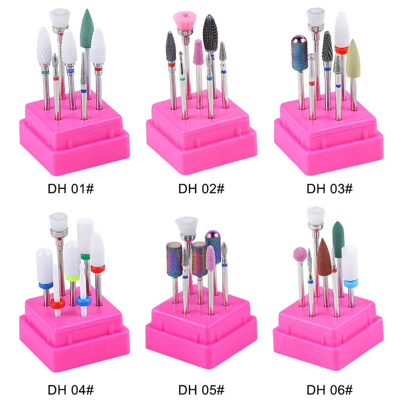 Tungsten steel nail drill bit set with six bits and a brush in a transparent case.