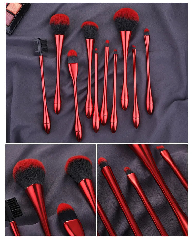 Small waist makeup brush set with nylon bristles and plastic handles in light blue, red, rose gold, and light colours