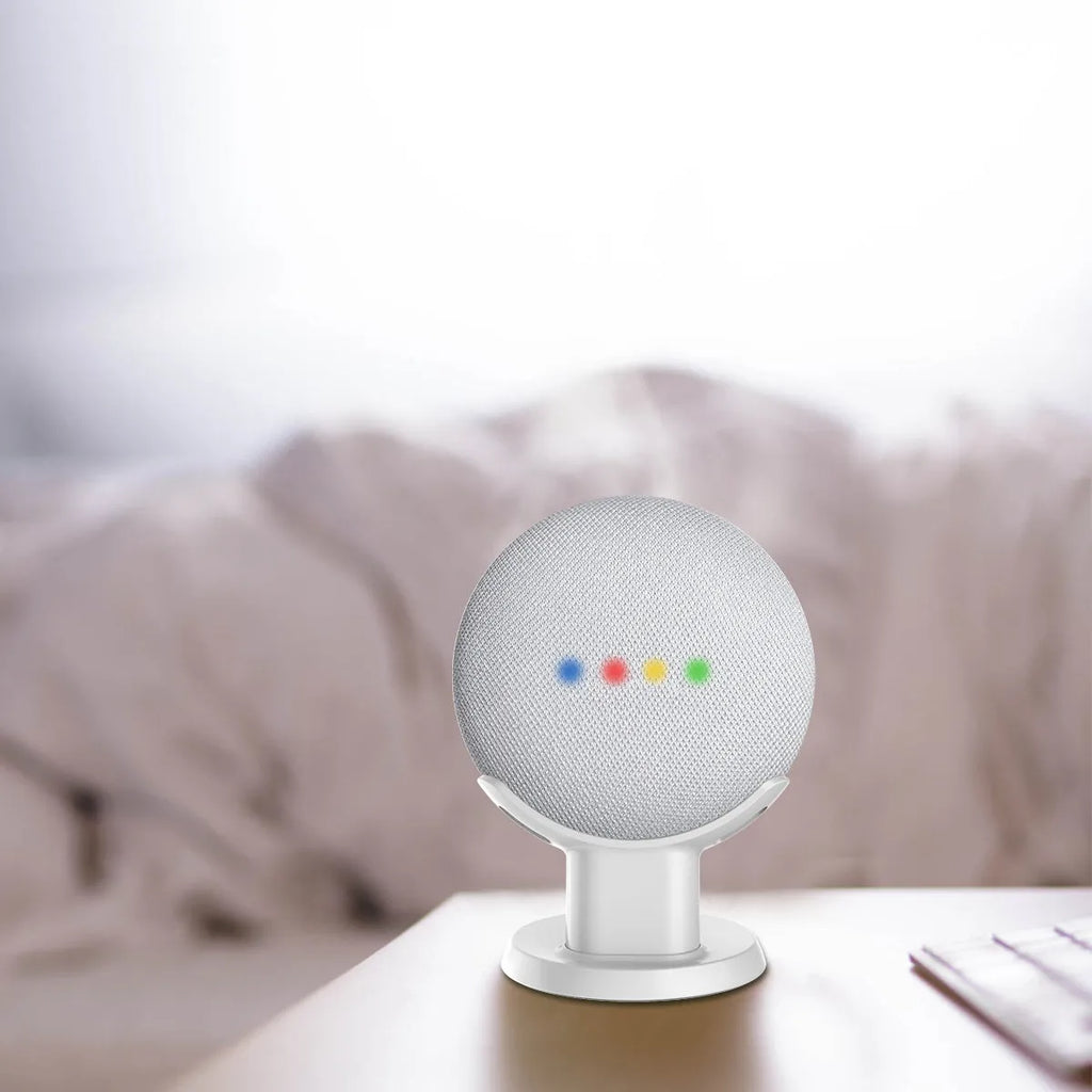PlusAcc black plastic stand holder for Google Home Mini voice assistant on a table