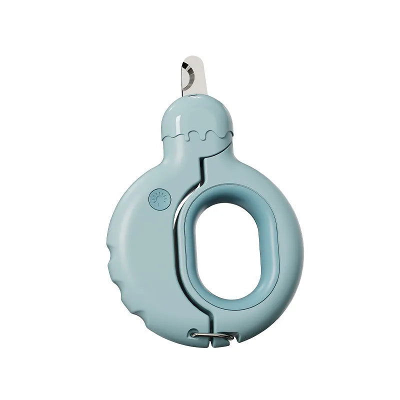 Blue pet nail clippers with LED light showing illuminated cutting area for safe nail trimming