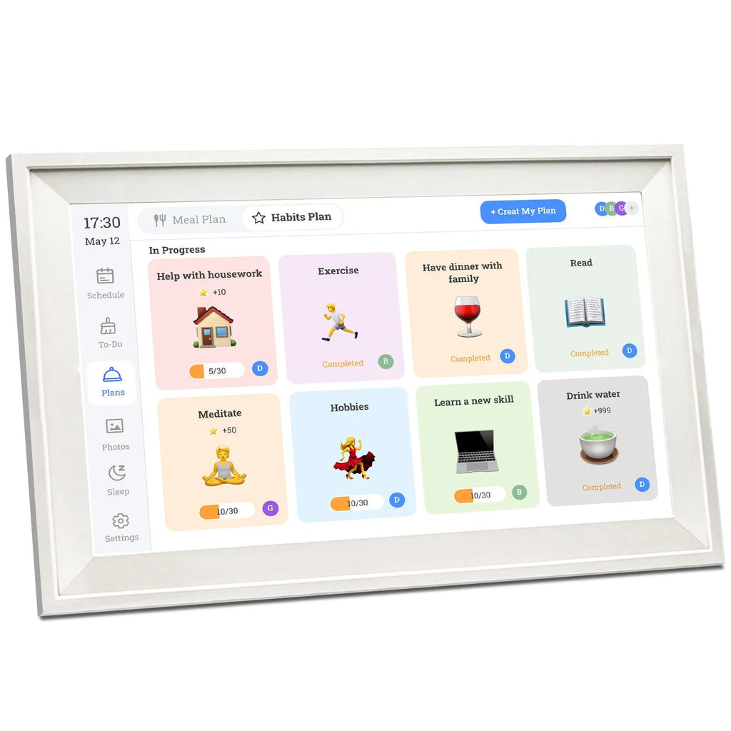 White smart digital photo frame with Fotocube app, 15.6 inch 1920x1080 screen, on desk with bracket