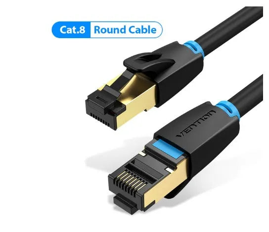 CAT8 Ethernet network patch cable with RJ45 connectors, shown in flat and round style options.
