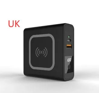Super QI Power Bank with folding international plug in black, showing wireless charging surface and USB-C port.