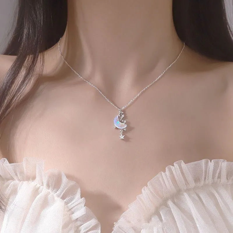 Copper star and crescent moon pendant necklace with tassel, diamond treatment finish, blue or white, on adjustable 31-40cm cross chain