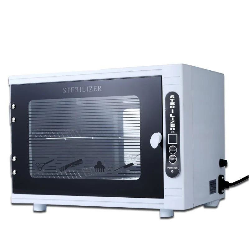 Small silver ultraviolet steriliser unit with a colour plate shell and stainless steel interior for salon tool disinfection.
