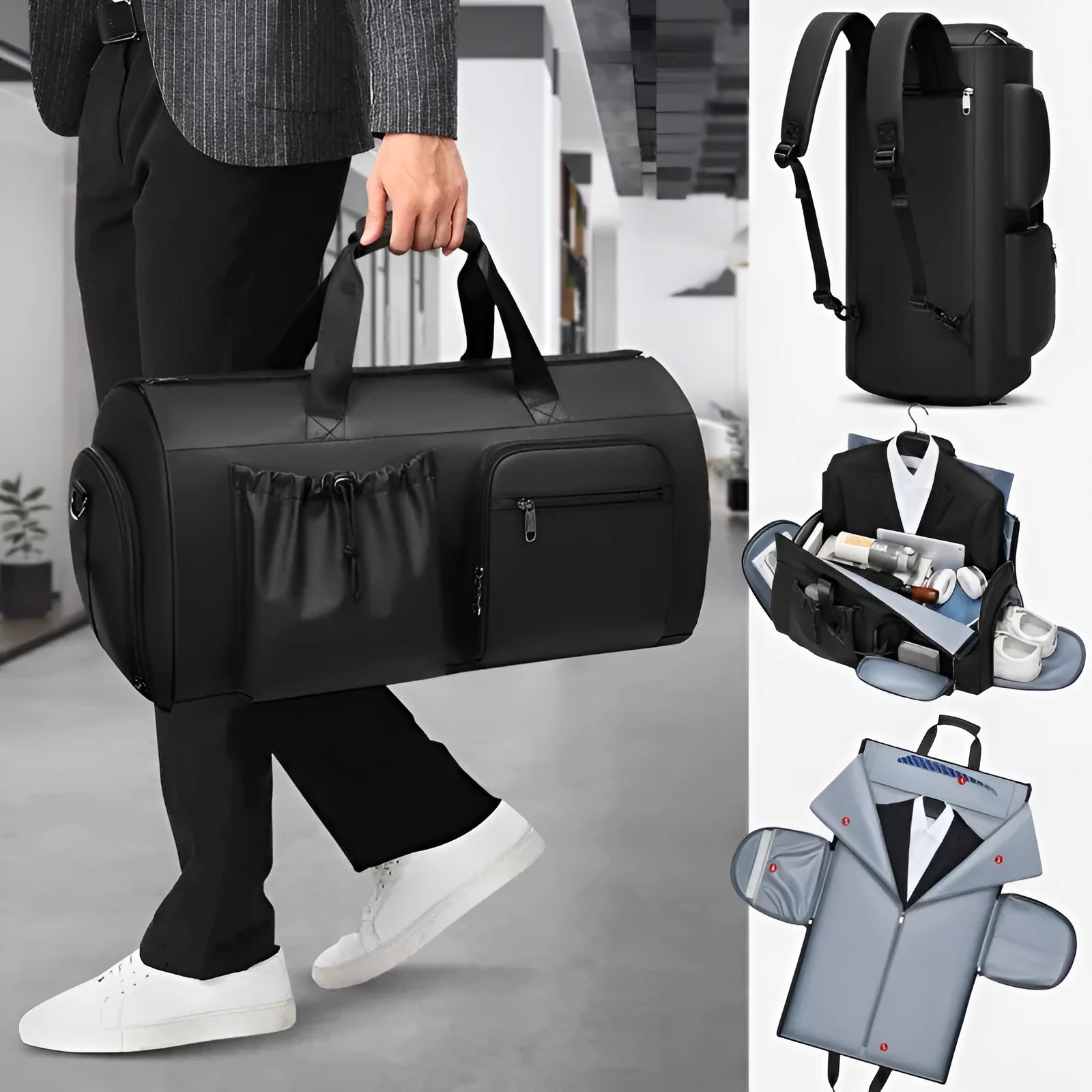Black waterproof suit bag for men with shoe compartment, 45L capacity, folded flat on table