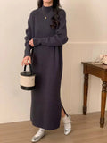 Women's acrylic half turtleneck knitted dress in graphite colour with long sleeves and mid-length hem