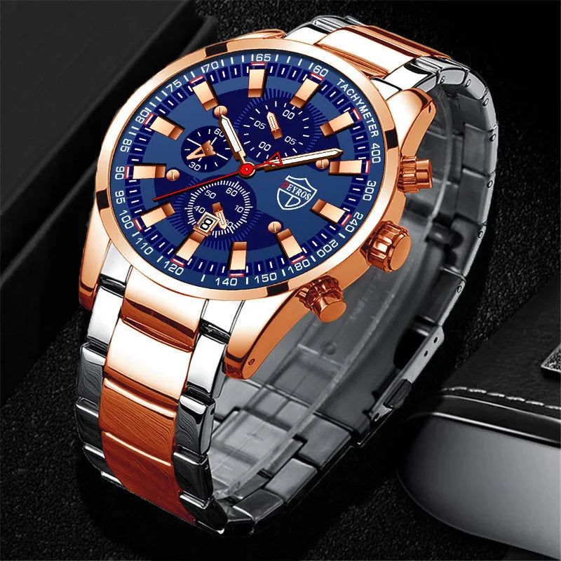 Men's stainless steel luminous quartz wristwatch with 42mm dial, calendar, and 24-hour indication on a white background