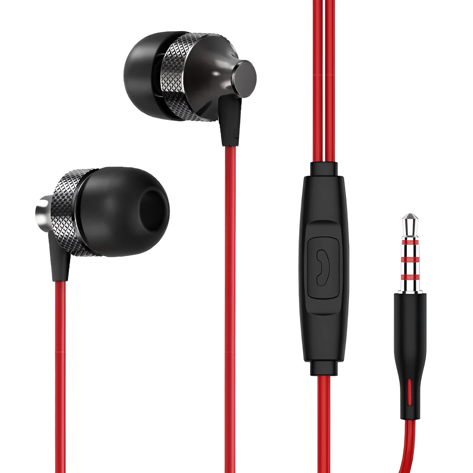 Gold metal in-ear headphones with a black wheat cable and 3.5mm plug on a white background.