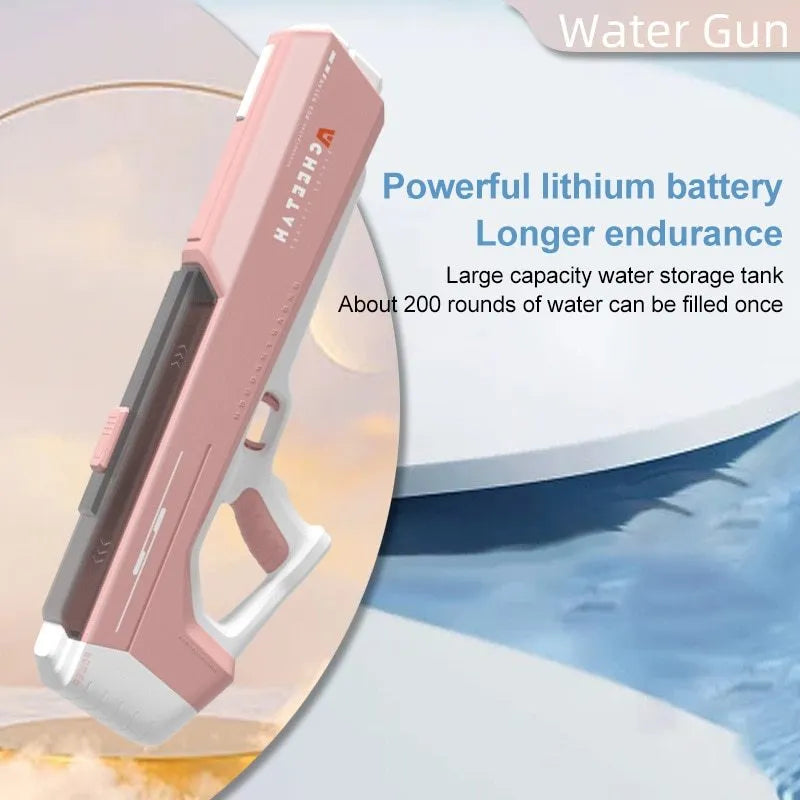 Fully electric water gun in sky blue with automatic water intake and 12m range for summer play