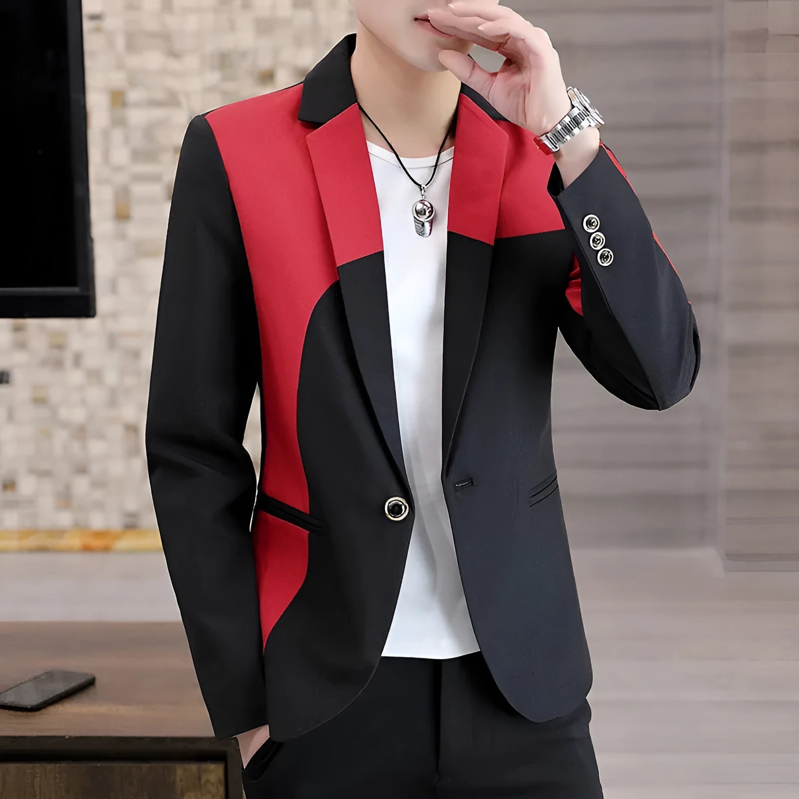 Blazer Hombre Man Suit Coat in Black and Red Asian fit polyester formal blazer