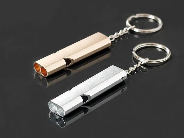 Double hole aluminium alloy whistle in silver and gold colours for outdoor survival signalling