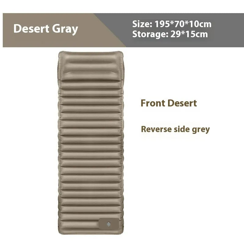Inflatable camping mattress showing waterproof 40D nylon TPU material and included inflation pump