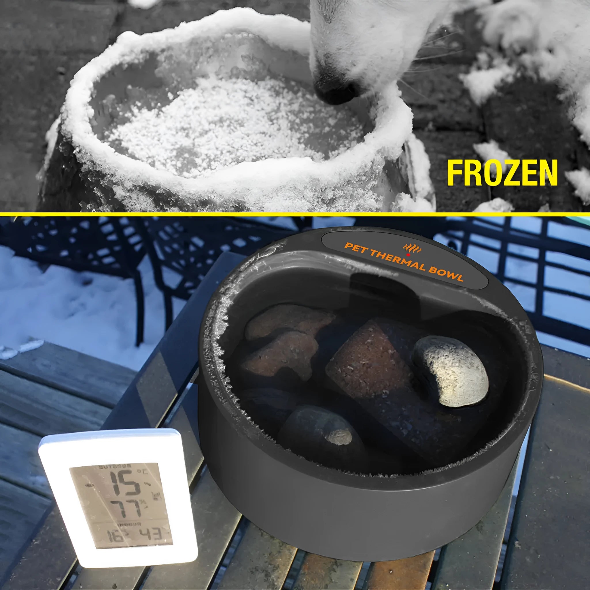 Black ABS plastic heated feeding bowl for cats and dogs with constant temperature control.