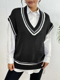Women's loose-fit acrylic college-style pullover vest sweater in black, blue, or coffee.