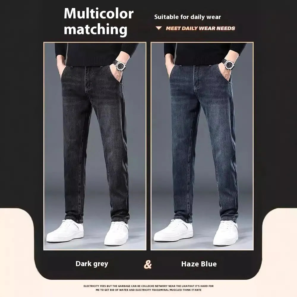Blue grey slim straight casual trousers on a hanger, showing mid waist and straight leg design.