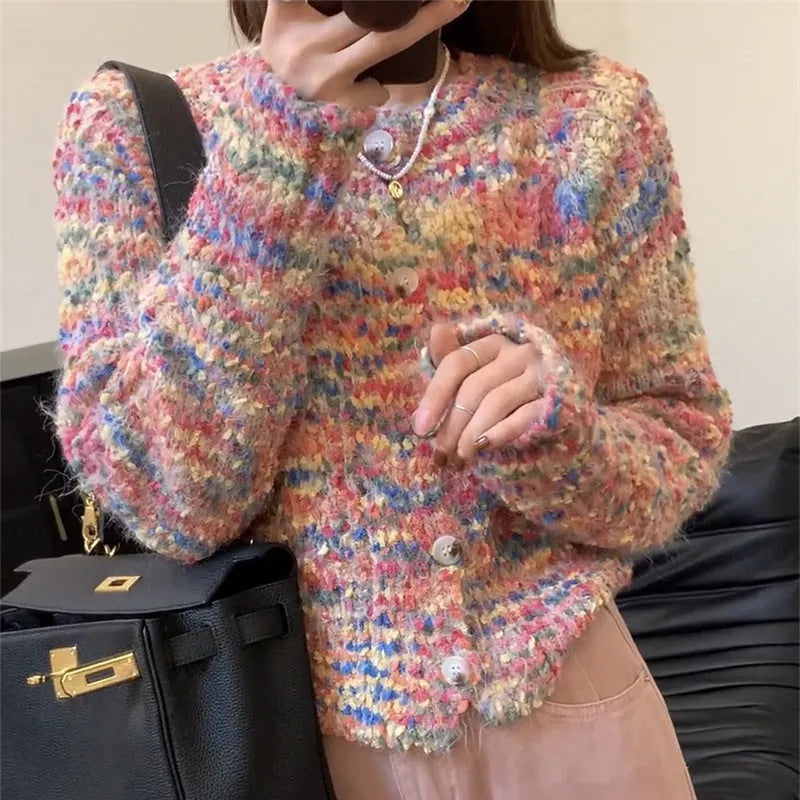 Retro rainbow pattern knitted cardigan sweater in pink or green, slim fit free size.