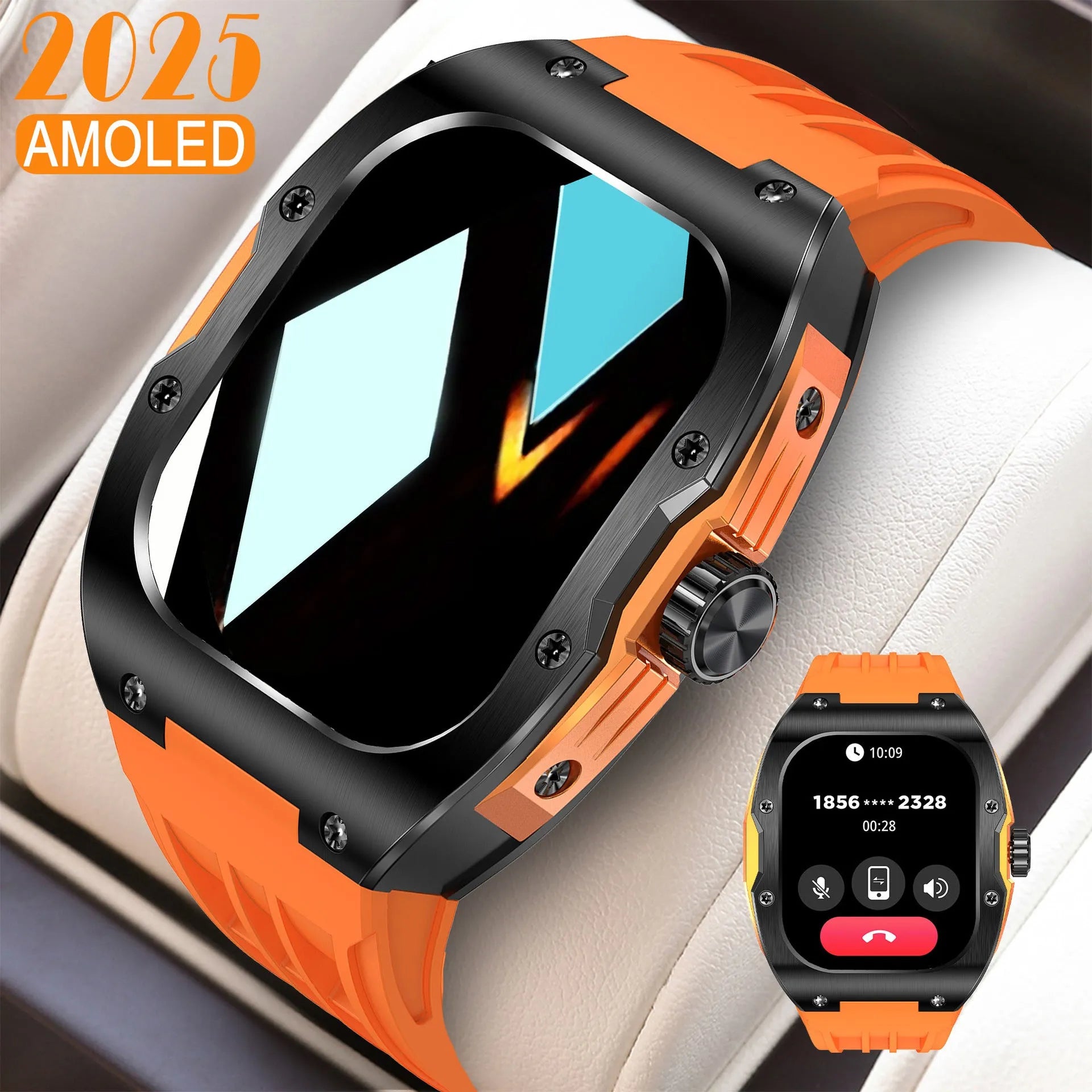 Men's black Bluetooth smart watch with AMOLED touch screen display on a sports bracelet strap.