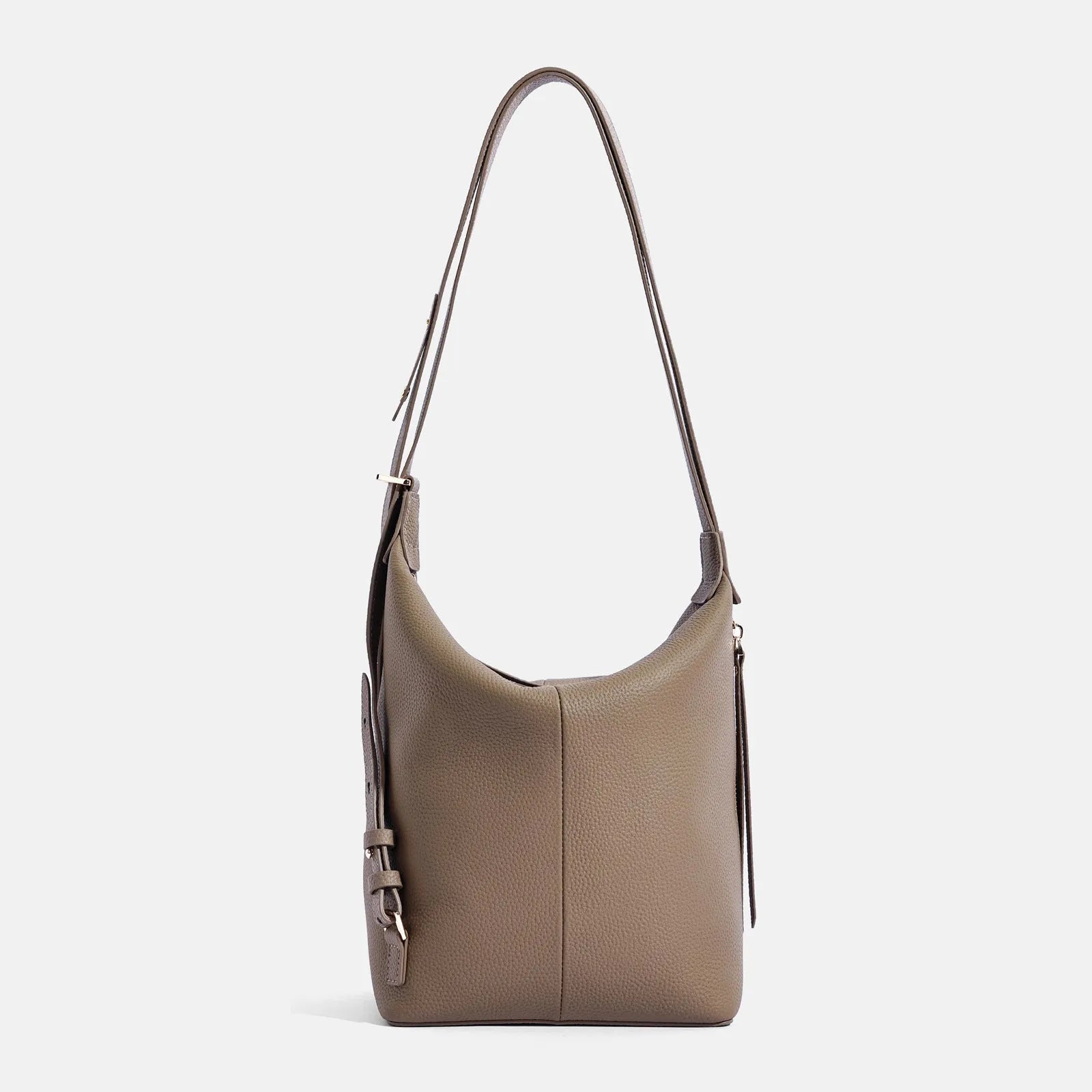 Women's genuine cowhide leather bucket shoulder bag in elephant grey colour showing soft construction and casual styling