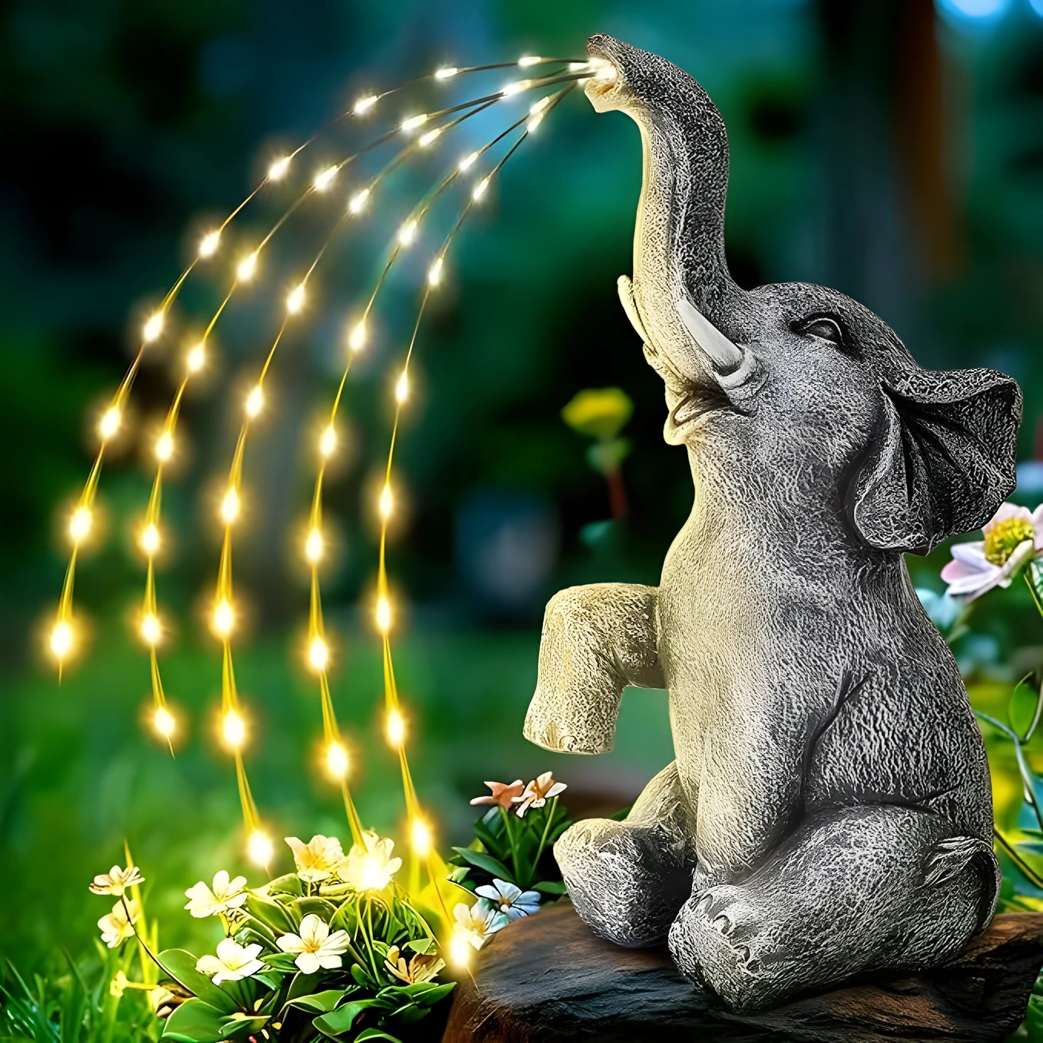 Resin elephant garden statue with integrated LED light strip for outdoor use.