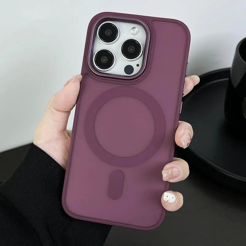 Large hole frosted magnetic iPhone case in black, PC TPU cover for iPhone 11 to 15 Pro Max