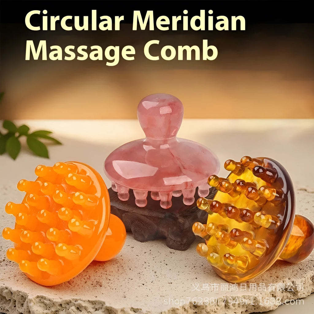 Brown and yellow disc massage comb with 21 teeth for head meridian therapy