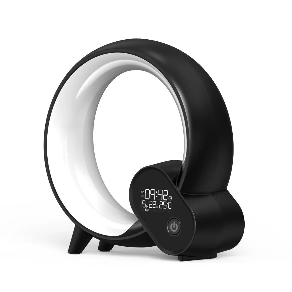 Creative Q Light sunrise alarm clock with digital display and colourful LED ring in black or white finish.