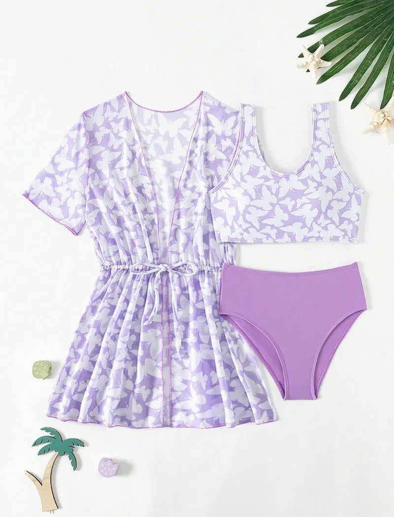 Girls three-piece split swimsuit with cover print design in colour 3218