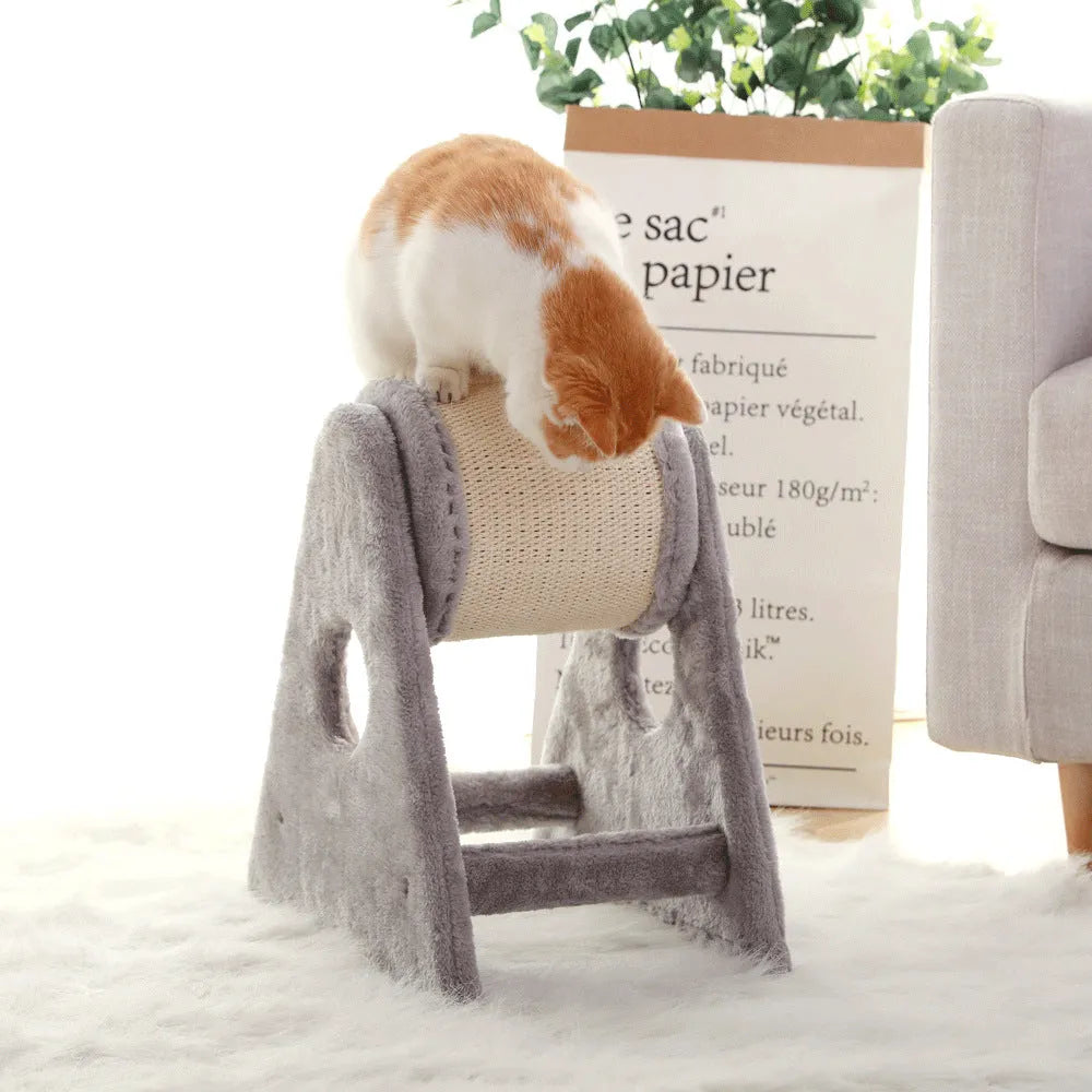 Grey small DIY cat climbing frame with dual-axis roller and sisal bucket claw grinding surface