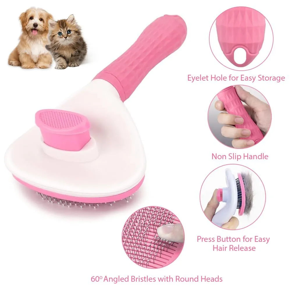Blue cat grooming brush with release button for removing loose fur on indoor cats